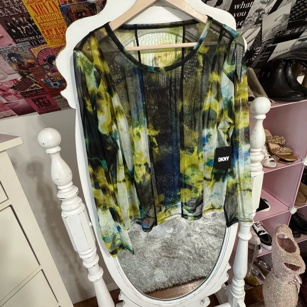 DKNY NWT Sheer Yellow and Blue Long Sleeve Blouse